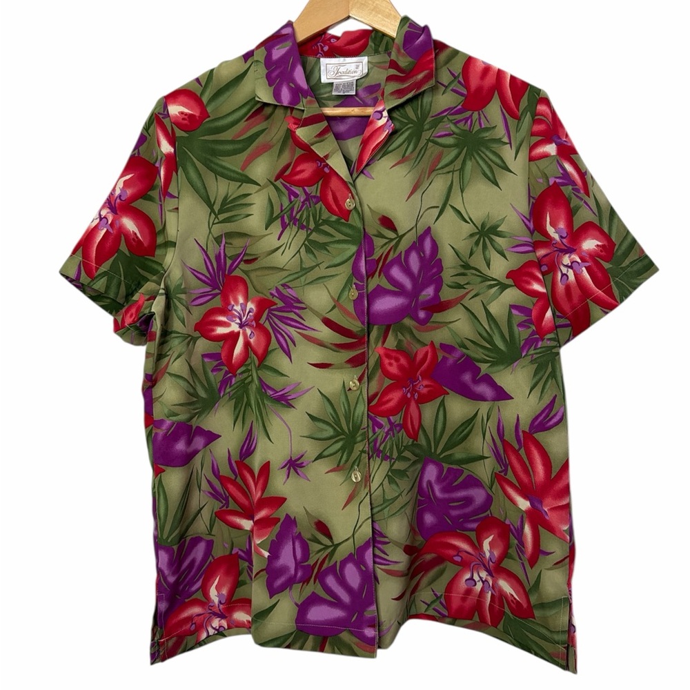 Tradition Women’s Floral Short Sleeve Button Up Blouse Green Size 14